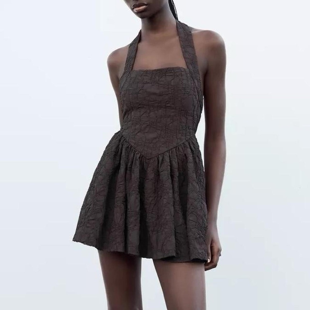 NWT Zara Textured Halter Neck Drop Waist Corset Mini Dress in Chocolate Brown M
